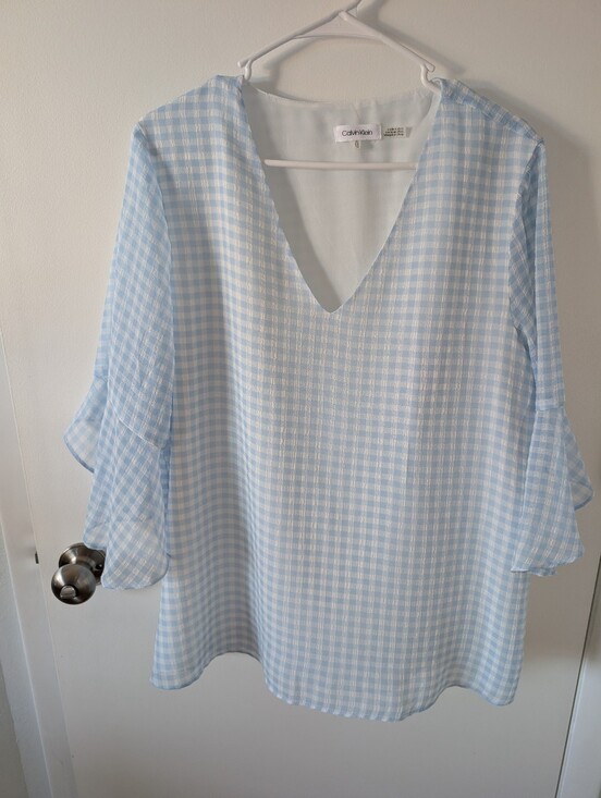 Calvin Klein Tops - Calvin Klein Light Blue and White Gingham V-Neck Blouse